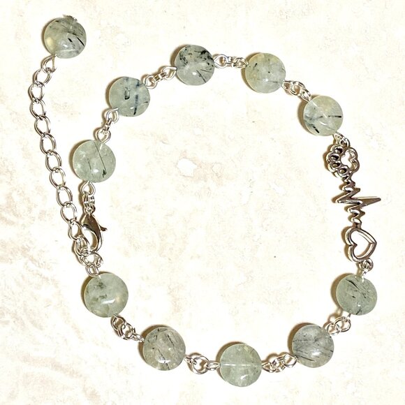 2/$20, Pale Green Prehnite Bracelet, Genuine Gemstone + Paw Print Heartbeat - Picture 2 of 11